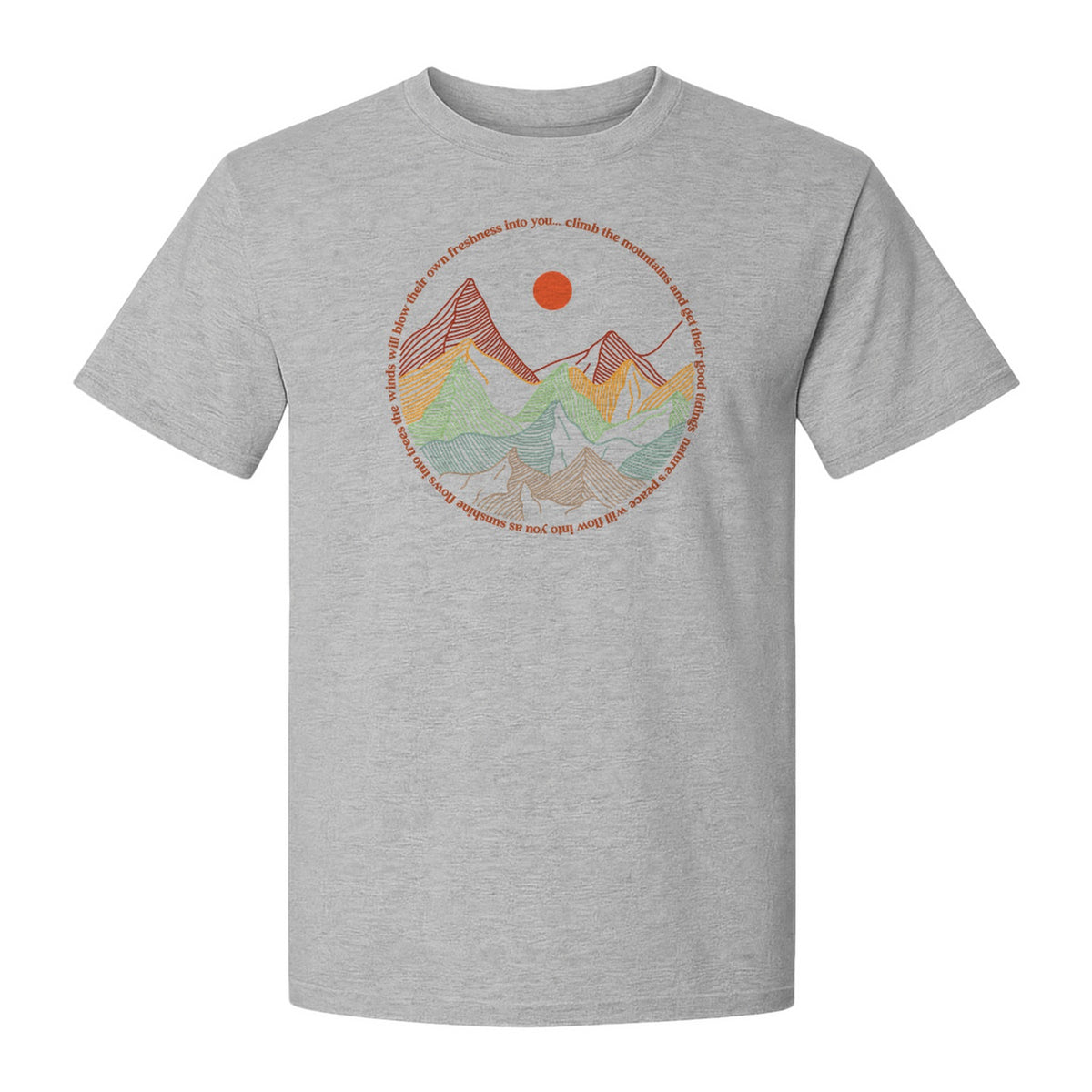 Mountain Graphic T-Shirt, Retro Sunrise and Layered Peaks Outdoor Adventure Design