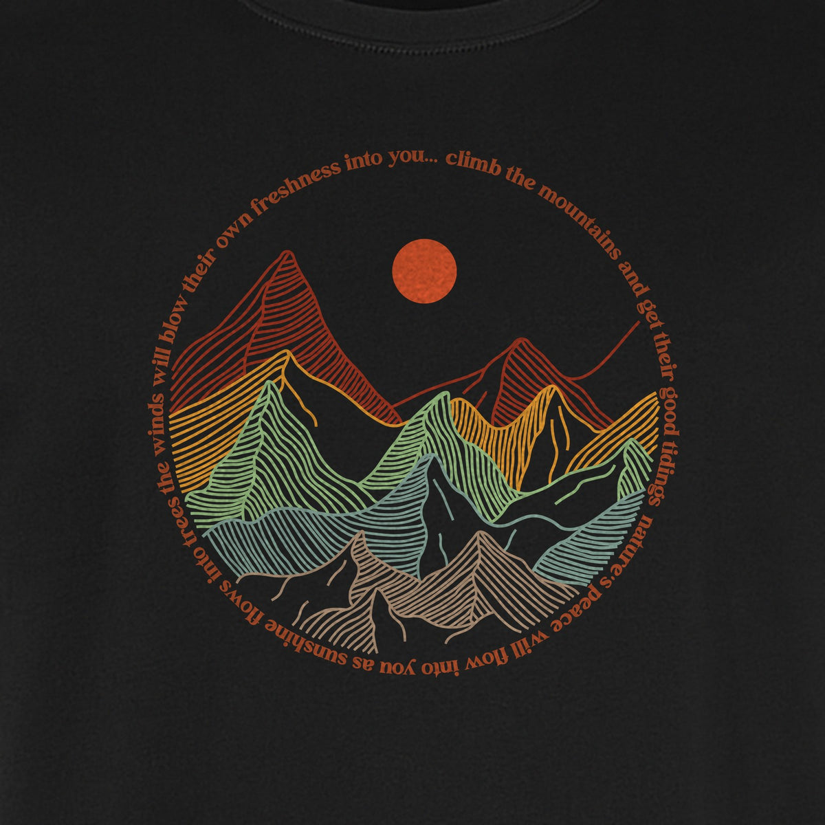 Mountain Graphic T-Shirt, Retro Sunrise and Layered Peaks Outdoor Adventure Design