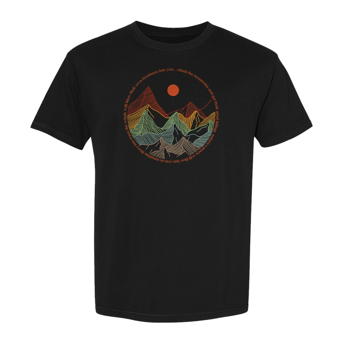 Mountain Graphic T-Shirt, Retro Sunrise and Layered Peaks Outdoor Adventure Design