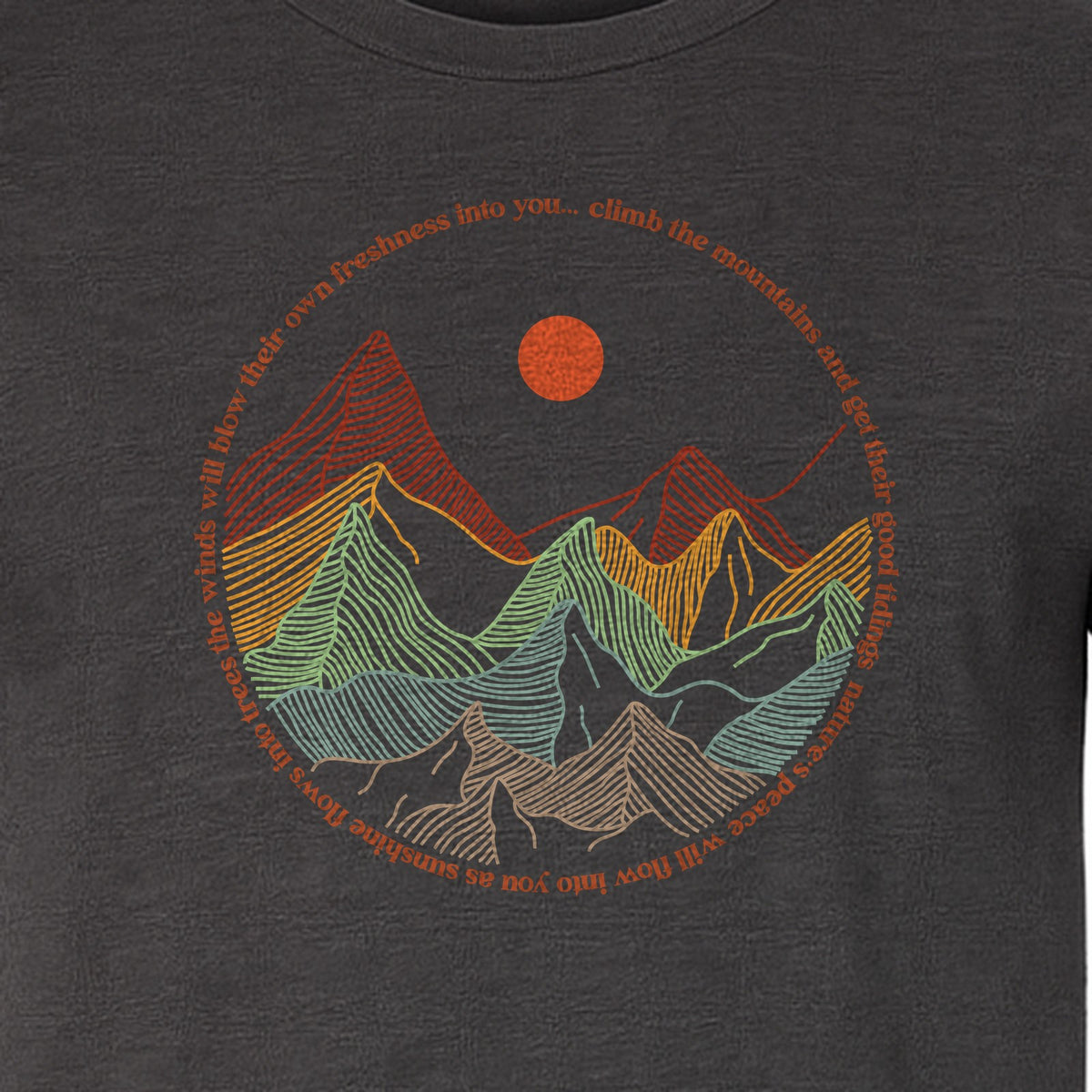 Mountain Graphic T-Shirt, Retro Sunrise and Layered Peaks Outdoor Adventure Design