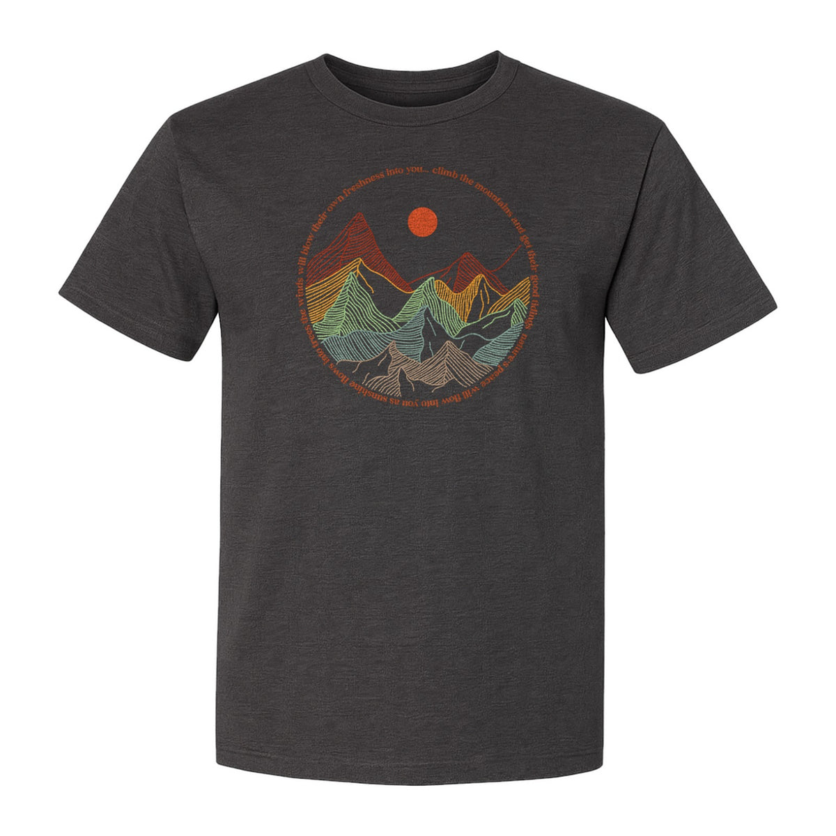 Mountain Graphic T-Shirt, Retro Sunrise and Layered Peaks Outdoor Adventure Design