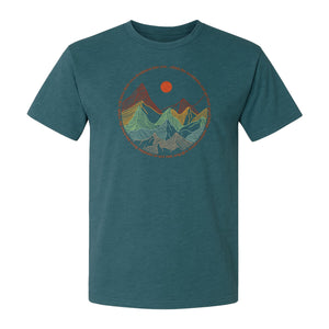 Mountain Graphic T-Shirt, Retro Sunrise and Layered Peaks Outdoor Adventure Design