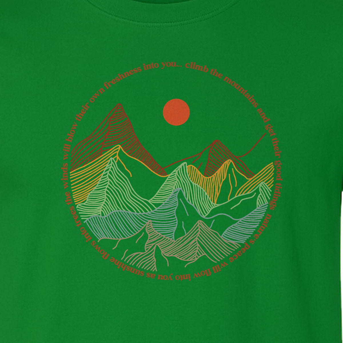 Mountain Graphic T-Shirt, Retro Sunrise and Layered Peaks Outdoor Adventure Design