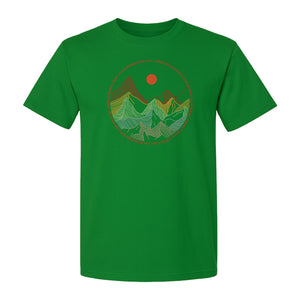 Mountain Graphic T-Shirt, Retro Sunrise and Layered Peaks Outdoor Adventure Design