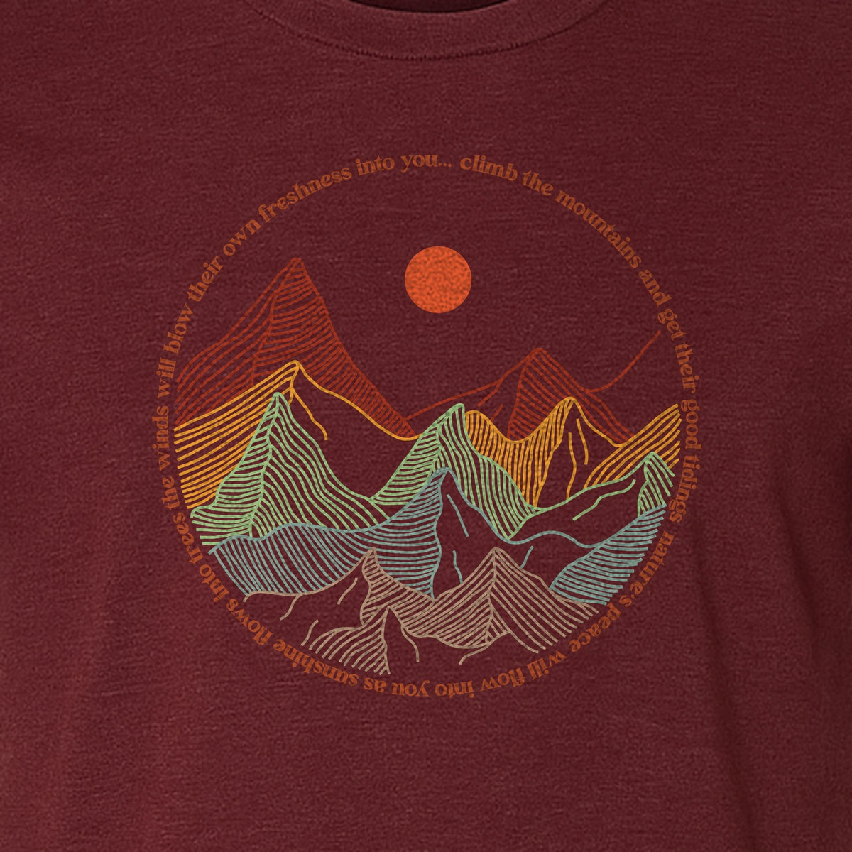Mountain Graphic T-Shirt, Retro Sunrise and Layered Peaks Outdoor Adventure Design