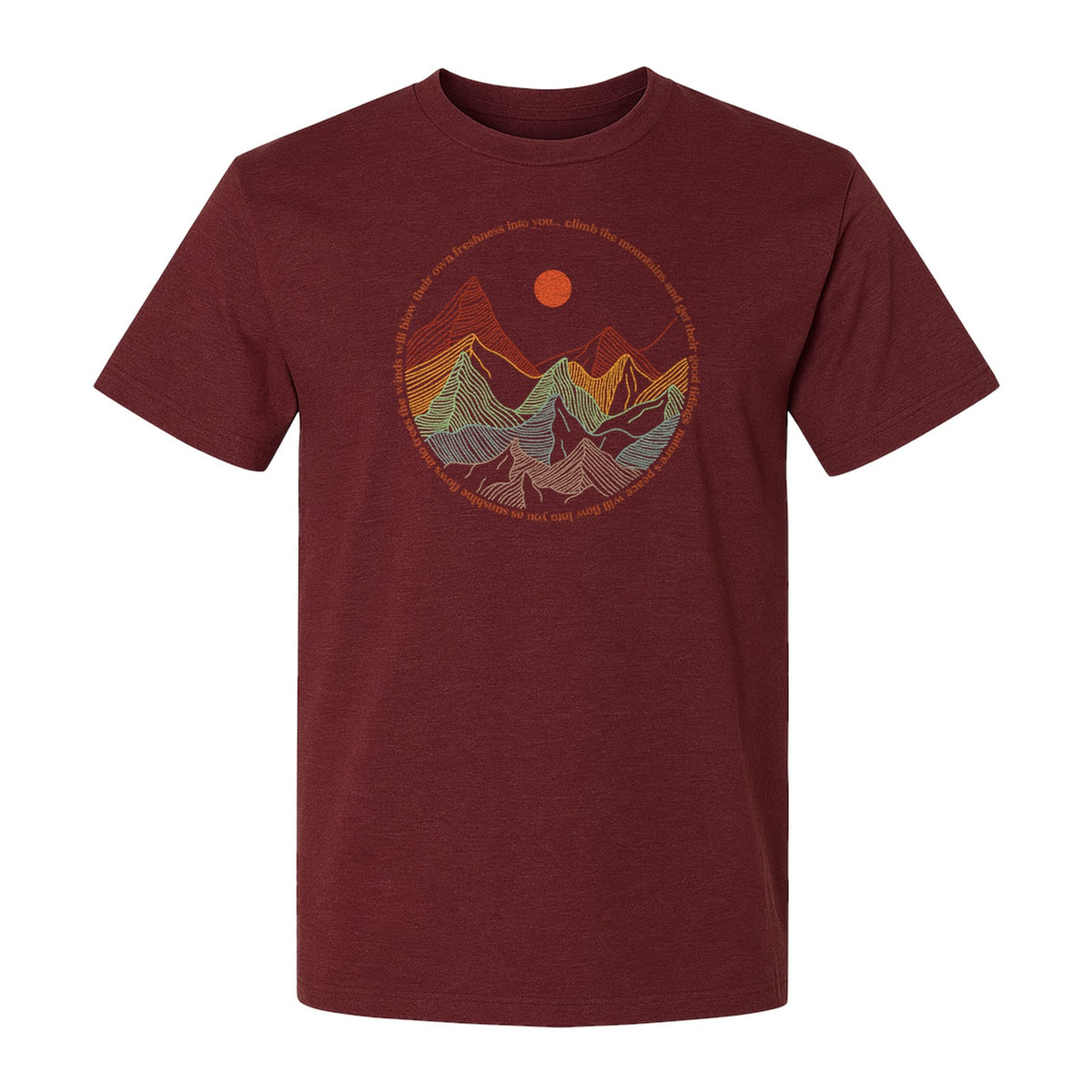 Mountain Graphic T-Shirt, Retro Sunrise and Layered Peaks Outdoor Adventure Design