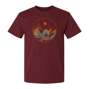 Mountain Graphic T-Shirt, Retro Sunrise and Layered Peaks Outdoor Adventure Design
