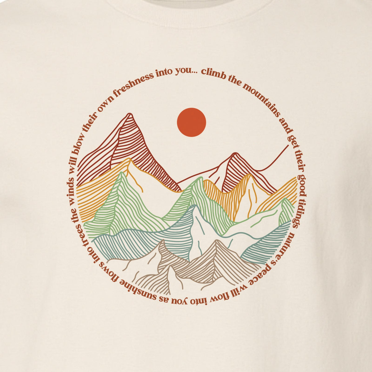 Mountain Graphic T-Shirt, Retro Sunrise and Layered Peaks Outdoor Adventure Design
