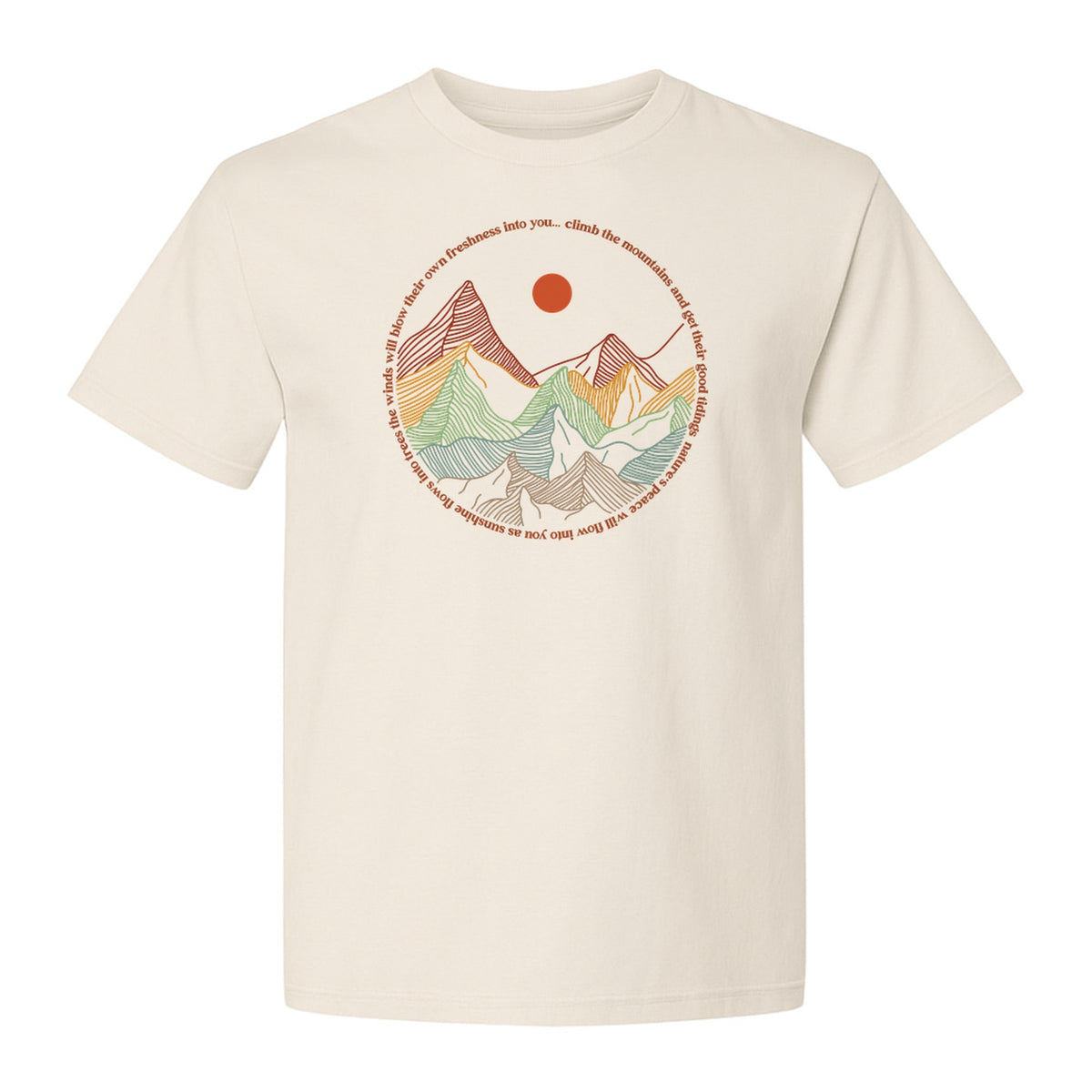 Mountain Graphic T-Shirt, Retro Sunrise and Layered Peaks Outdoor Adventure Design