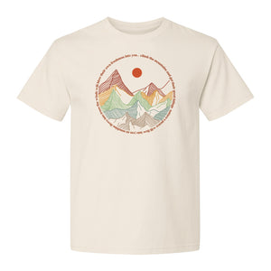 Mountain Graphic T-Shirt, Retro Sunrise and Layered Peaks Outdoor Adventure Design