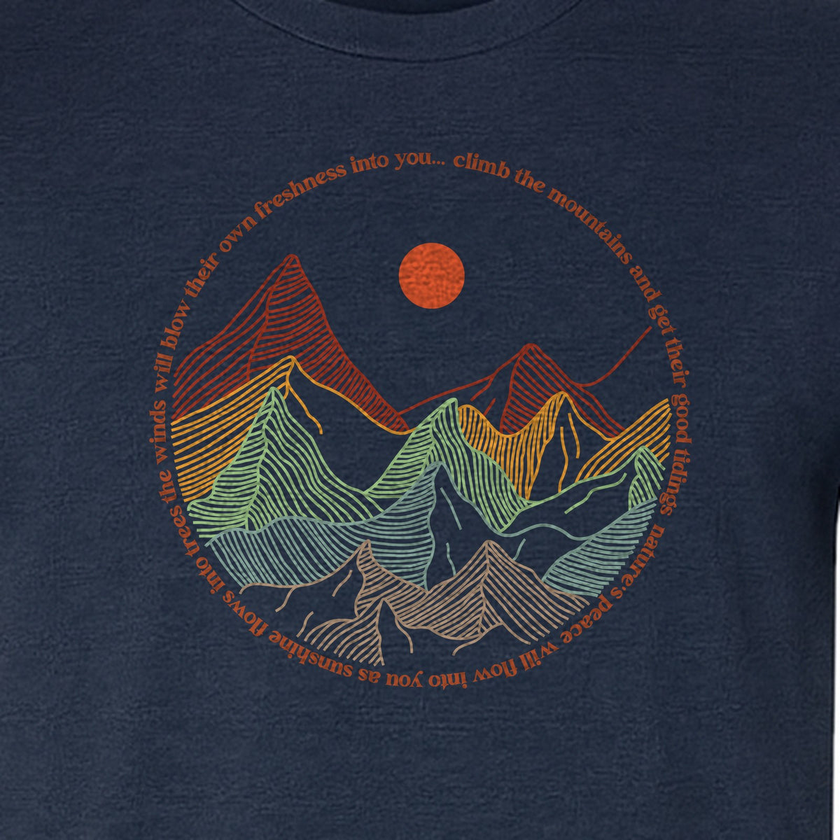 Mountain Graphic T-Shirt, Retro Sunrise and Layered Peaks Outdoor Adventure Design