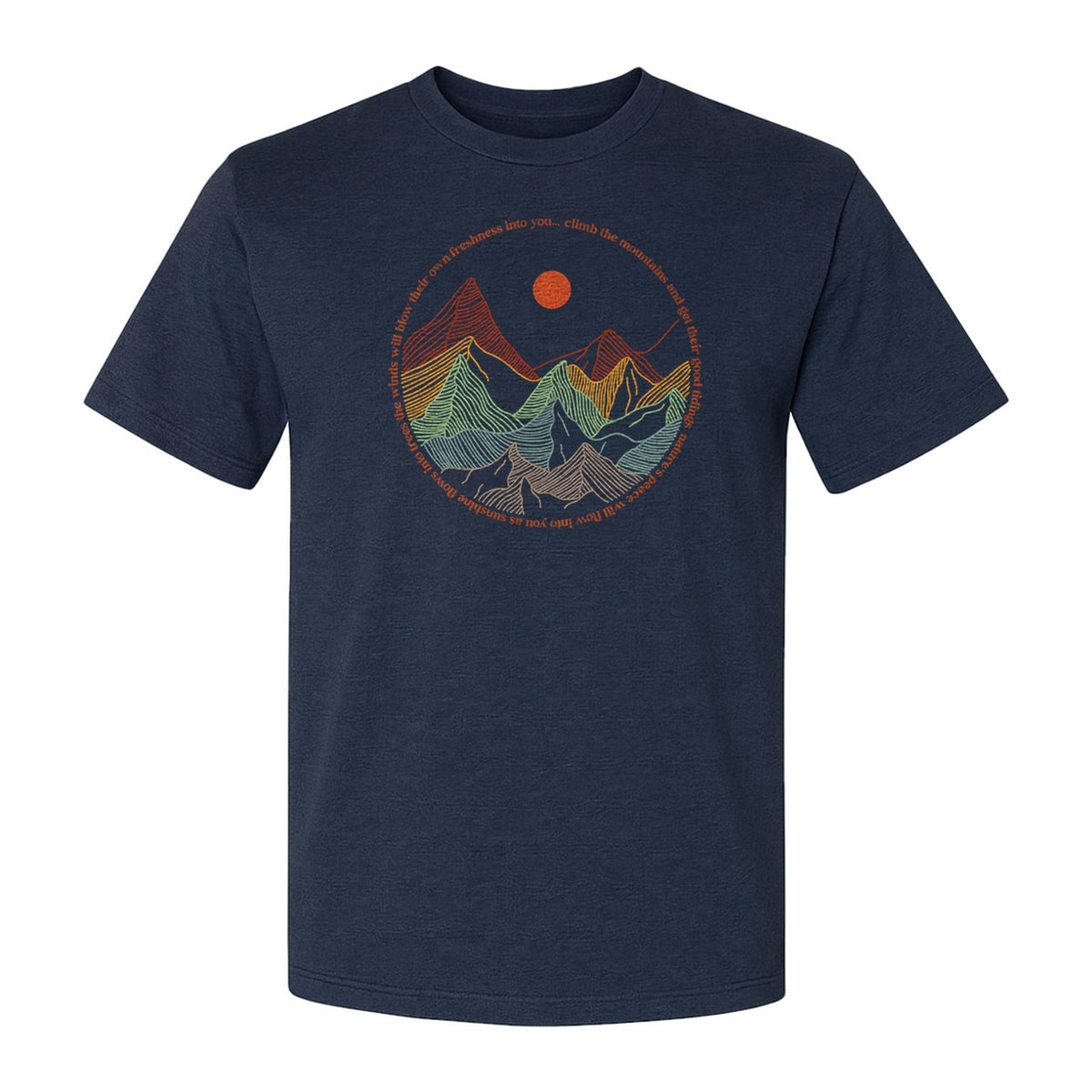 Mountain Graphic T-Shirt, Retro Sunrise and Layered Peaks Outdoor Adventure Design