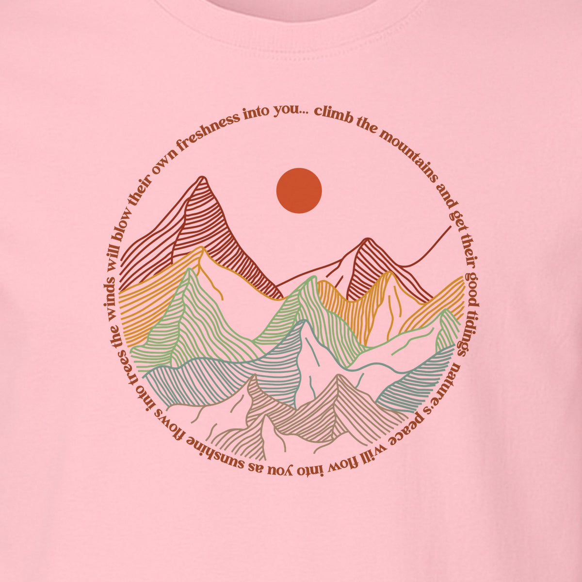 Mountain Graphic T-Shirt, Retro Sunrise and Layered Peaks Outdoor Adventure Design