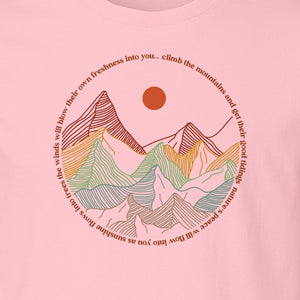 Mountain Graphic T-Shirt, Retro Sunrise and Layered Peaks Outdoor Adventure Design