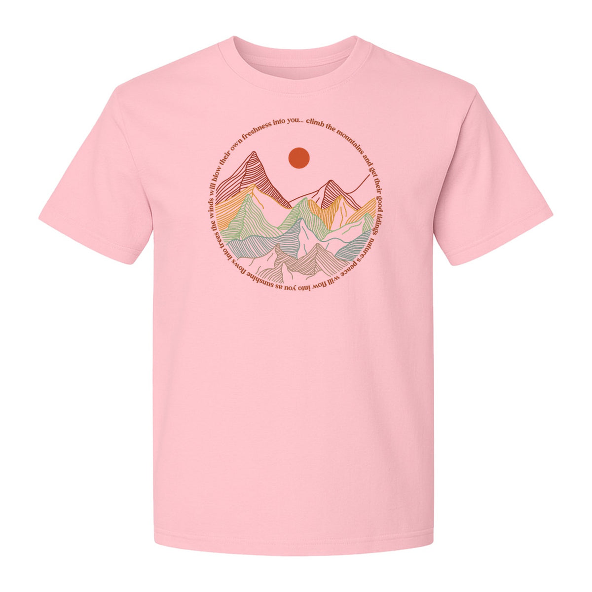 Mountain Graphic T-Shirt, Retro Sunrise and Layered Peaks Outdoor Adventure Design