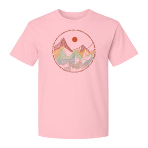 Mountain Graphic T-Shirt, Retro Sunrise and Layered Peaks Outdoor Adventure Design