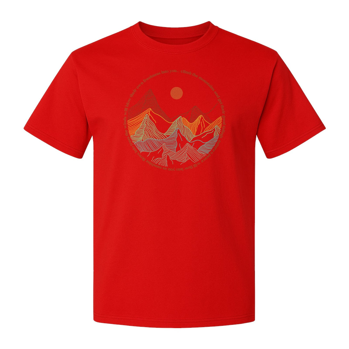 Mountain Graphic T-Shirt, Retro Sunrise and Layered Peaks Outdoor Adventure Design