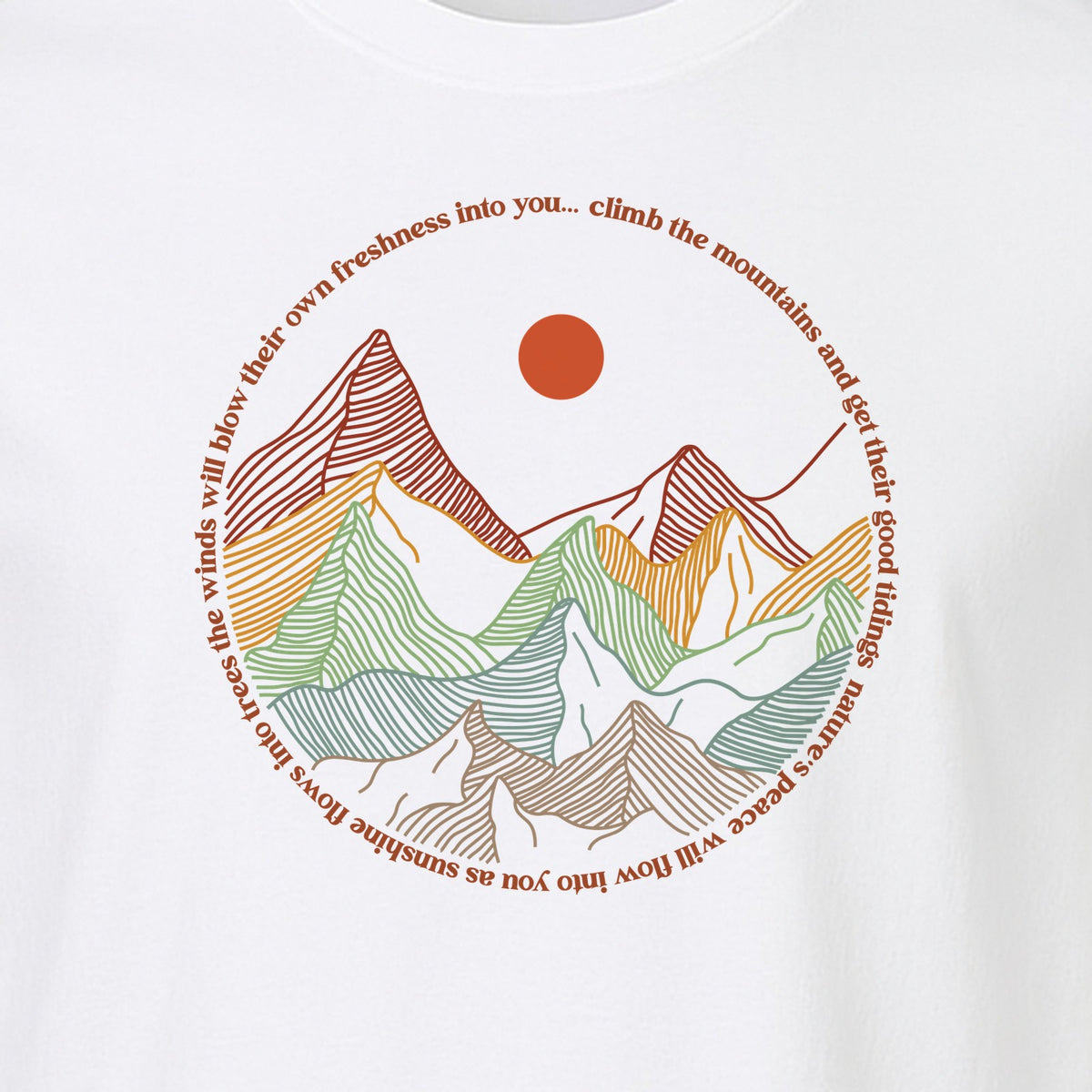 Mountain Graphic T-Shirt, Retro Sunrise and Layered Peaks Outdoor Adventure Design