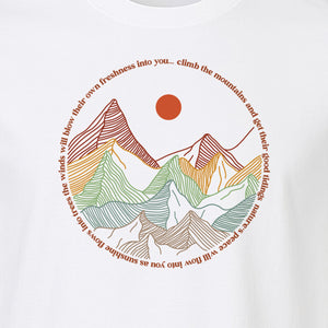 Mountain Graphic T-Shirt, Retro Sunrise and Layered Peaks Outdoor Adventure Design