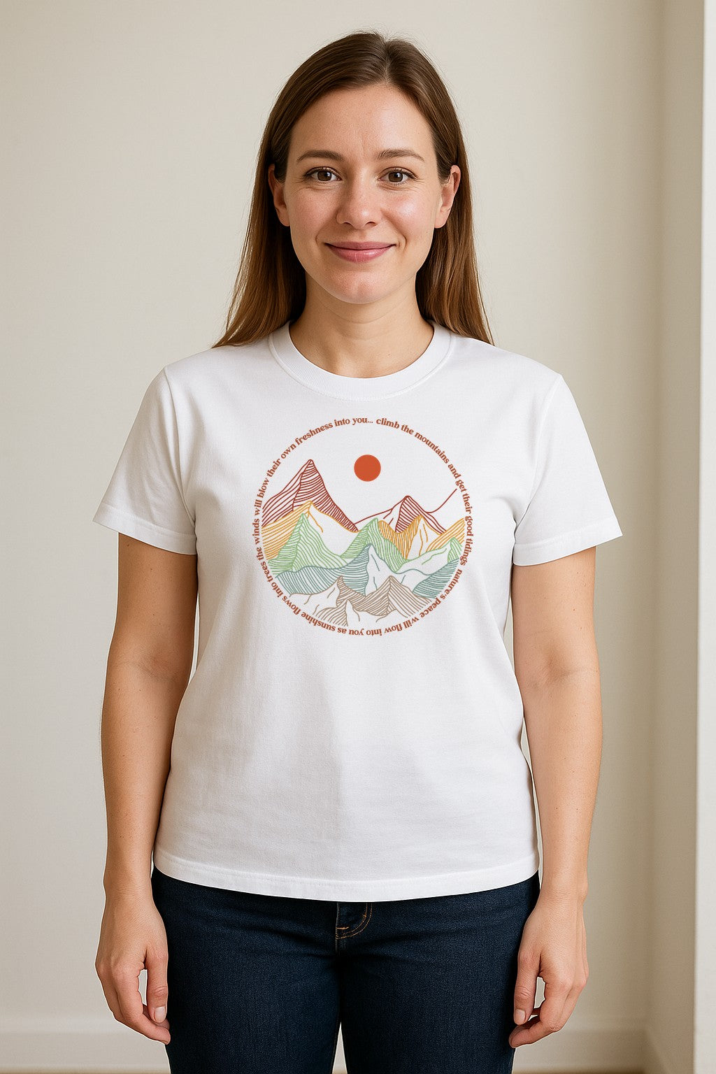 Mountain Graphic T-Shirt, Retro Sunrise and Layered Peaks Outdoor Adventure Design