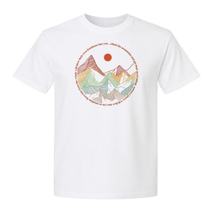 Mountain Graphic T-Shirt, Retro Sunrise and Layered Peaks Outdoor Adventure Design