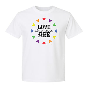 Pride Heart T-Shirt, Love Who You Are Rainbow Message Tee for LGBTQ Support and Allies