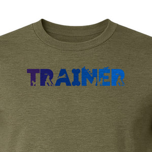 Dog Trainer T-Shirt, Distressed Blue and Purple Text Graphic for Canine Handlers and Pet Lovers