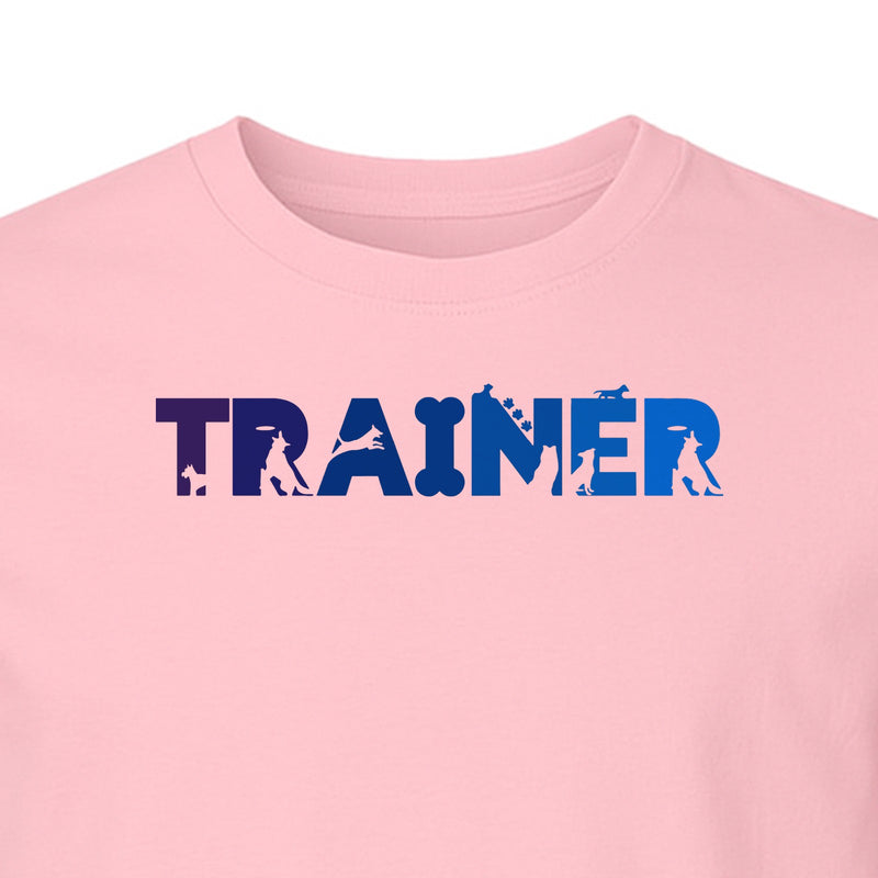 Dog Trainer T-Shirt, Distressed Blue and Purple Text Graphic for Canine Handlers and Pet Lovers