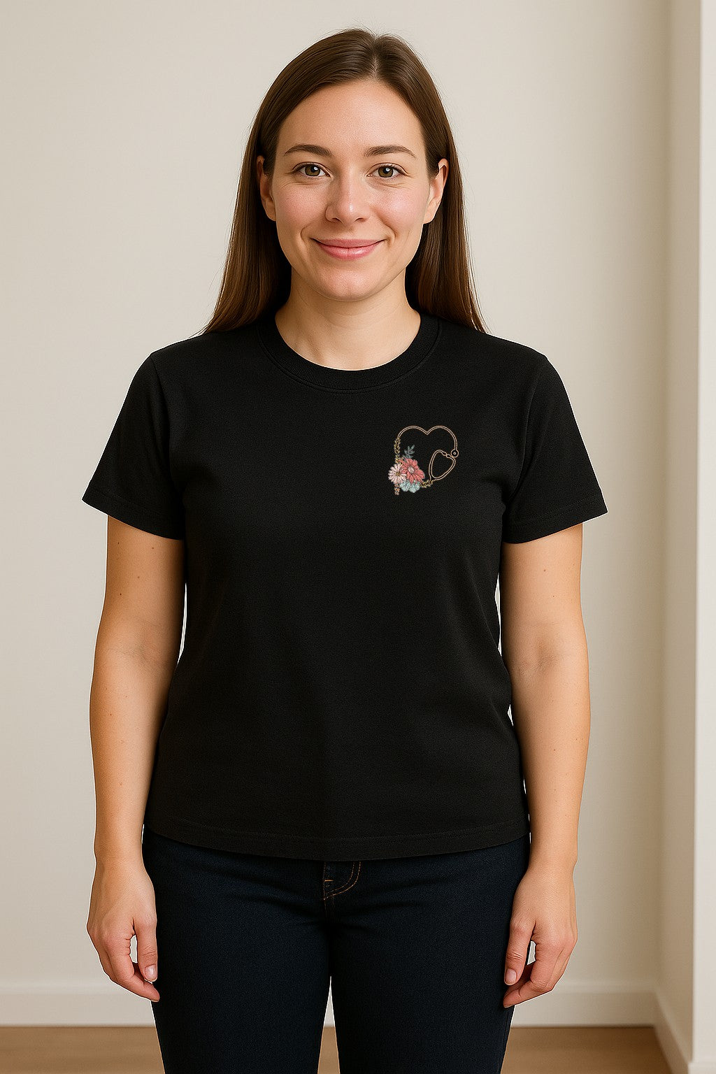Nurse T-Shirt, Floral Stethoscope Pocket Print for Healthcare Workers and Nursing School Graduates