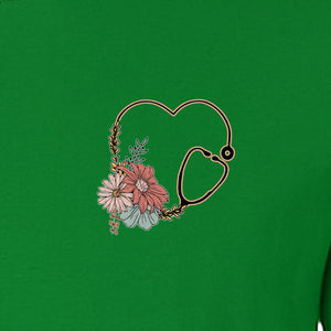 Nurse T-Shirt, Floral Stethoscope Pocket Print for Healthcare Workers and Nursing School Graduates