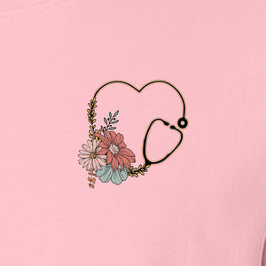 Nurse T-Shirt, Floral Stethoscope Pocket Print for Healthcare Workers and Nursing School Graduates