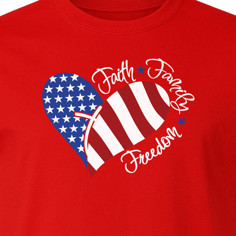 Faith Family Freedom T-Shirt, Patriotic Heart Flag Design for Fourth of July and Memorial Day