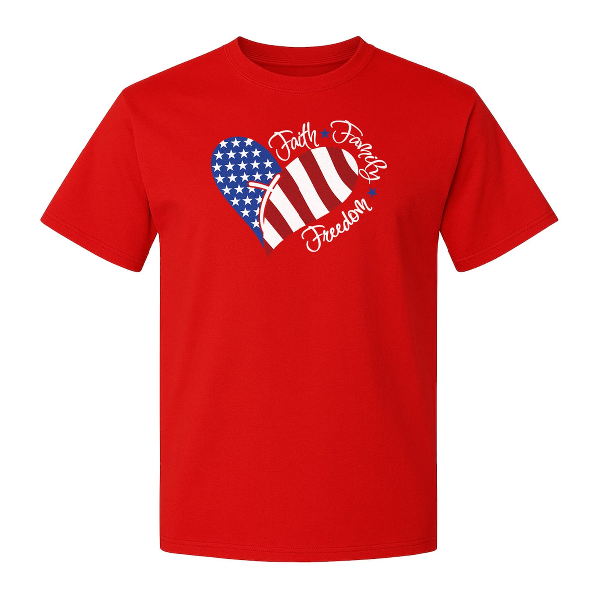 Faith Family Freedom T-Shirt, Patriotic Heart Flag Design for Fourth of July and Memorial Day