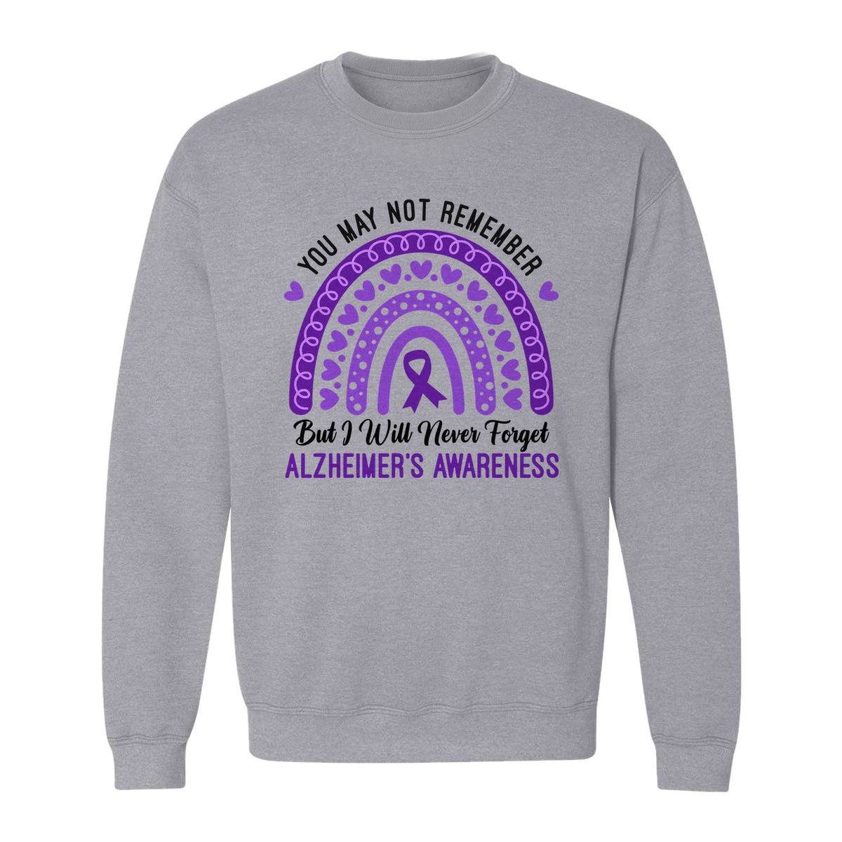 Alzheimer's Awareness Sweatshirt, Rainbow Heart and Purple Ribbon Dementia Support Crewneck