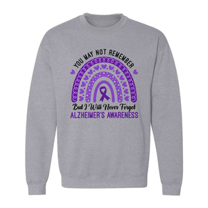 Alzheimer's Awareness Sweatshirt, Rainbow Heart and Purple Ribbon Dementia Support Crewneck