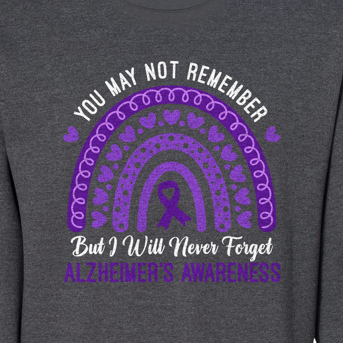 Alzheimer's Awareness Sweatshirt, Rainbow Heart and Purple Ribbon Dementia Support Crewneck