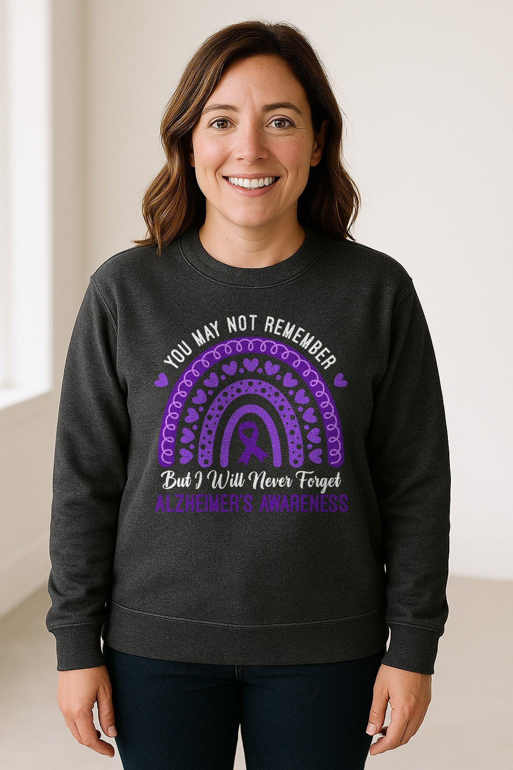 Alzheimer's Awareness Sweatshirt, Rainbow Heart and Purple Ribbon Dementia Support Crewneck