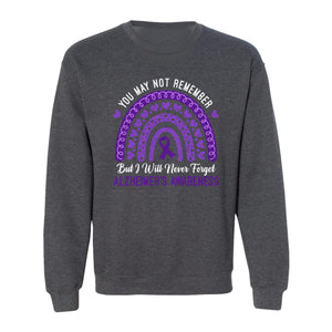 Alzheimer's Awareness Sweatshirt, Rainbow Heart and Purple Ribbon Dementia Support Crewneck