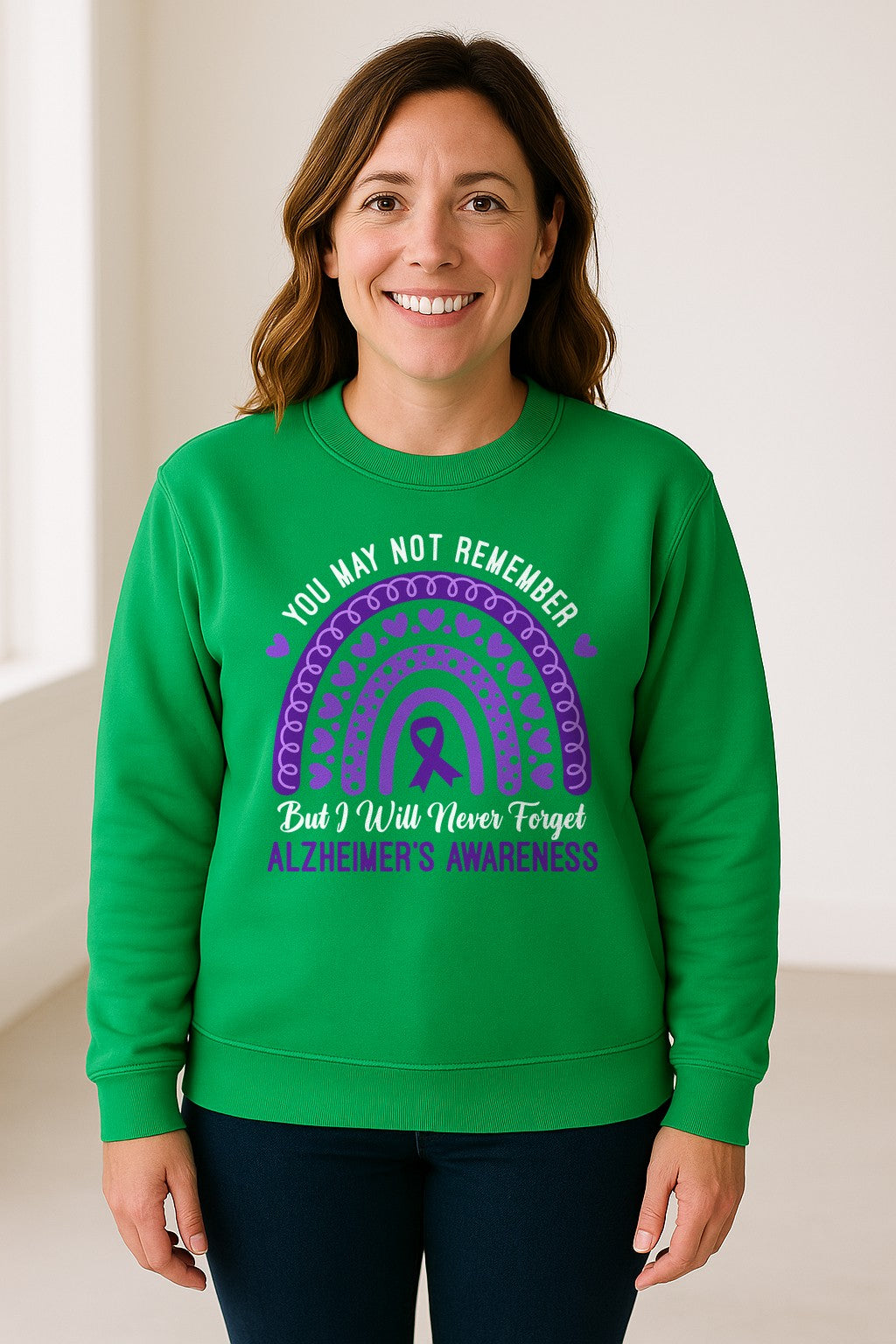 Alzheimer's Awareness Sweatshirt, Rainbow Heart and Purple Ribbon Dementia Support Crewneck