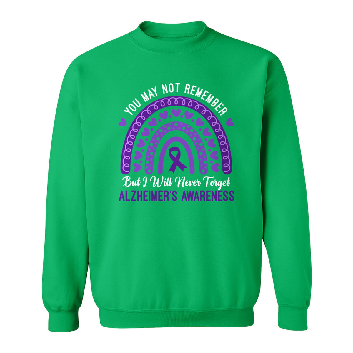 Alzheimer's Awareness Sweatshirt, Rainbow Heart and Purple Ribbon Dementia Support Crewneck