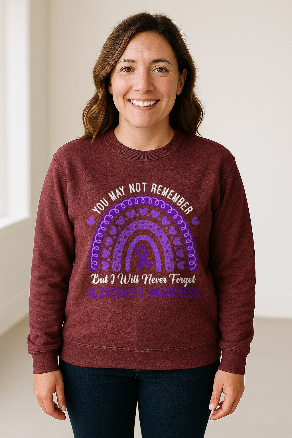 Alzheimer's Awareness Sweatshirt, Rainbow Heart and Purple Ribbon Dementia Support Crewneck