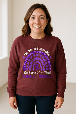 Alzheimer's Awareness Sweatshirt, Rainbow Heart and Purple Ribbon Dementia Support Crewneck
