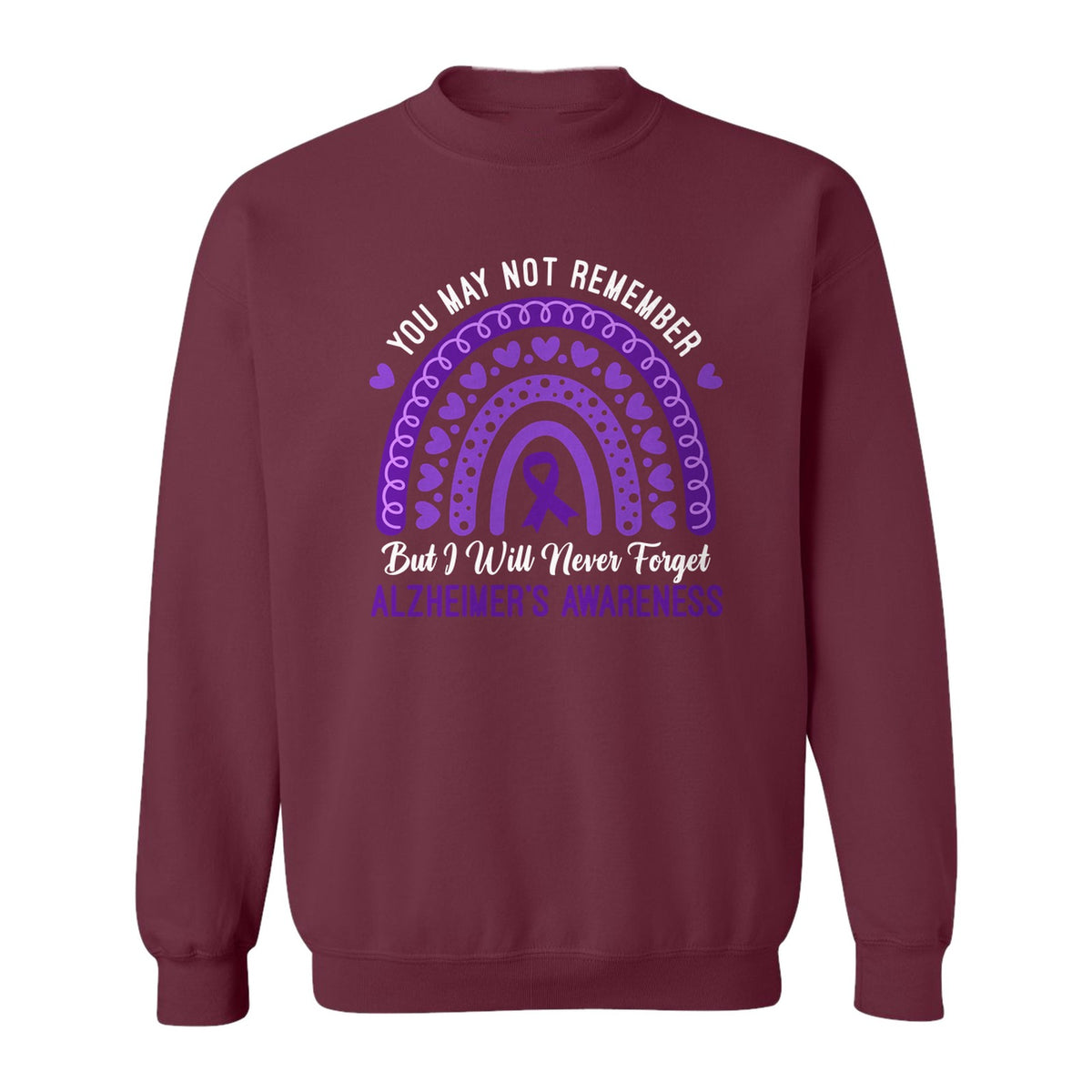Alzheimer's Awareness Sweatshirt, Rainbow Heart and Purple Ribbon Dementia Support Crewneck