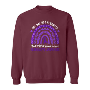 Alzheimer's Awareness Sweatshirt, Rainbow Heart and Purple Ribbon Dementia Support Crewneck