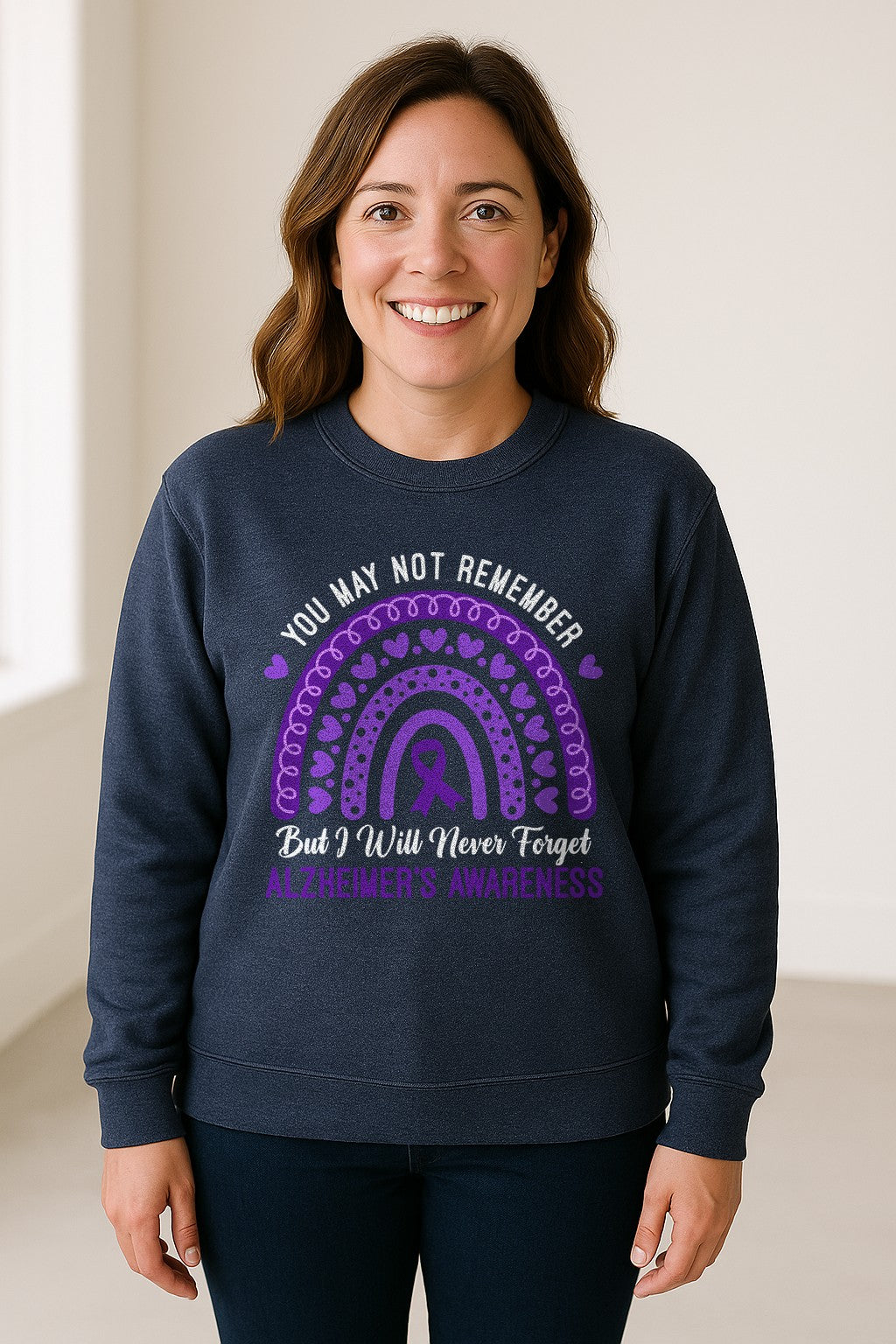 Alzheimer's Awareness Sweatshirt, Rainbow Heart and Purple Ribbon Dementia Support Crewneck