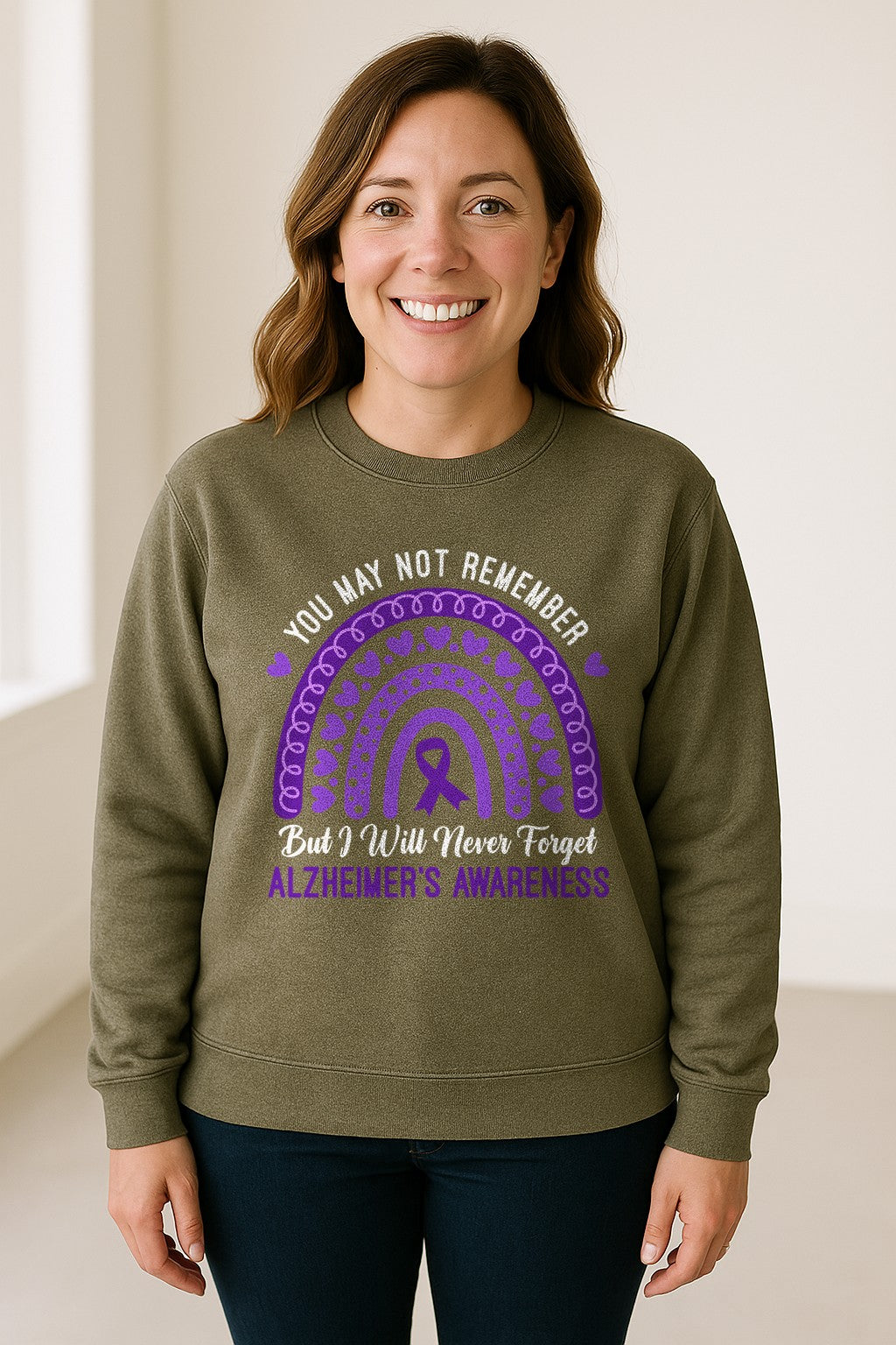 Alzheimer's Awareness Sweatshirt, Rainbow Heart and Purple Ribbon Dementia Support Crewneck