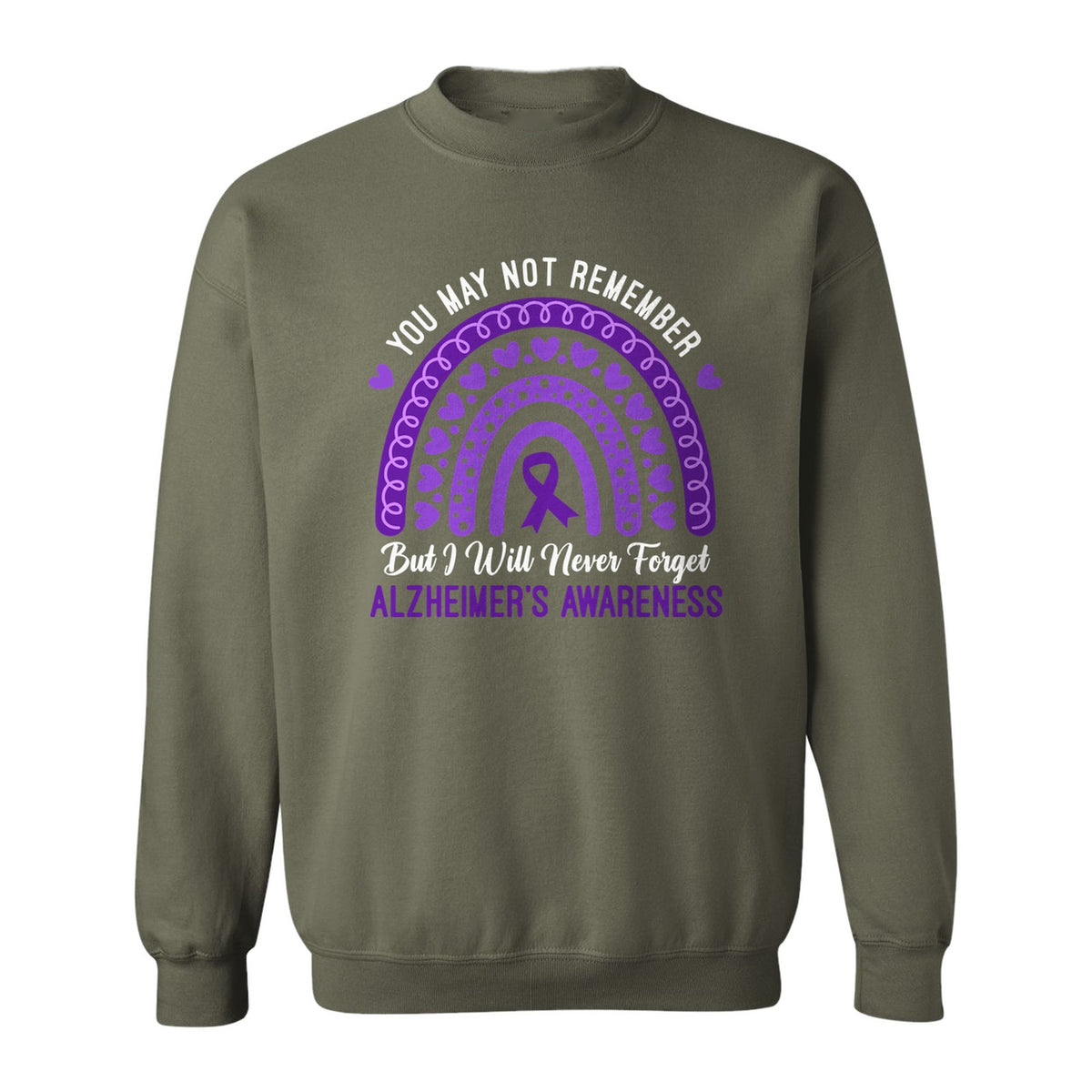 Alzheimer's Awareness Sweatshirt, Rainbow Heart and Purple Ribbon Dementia Support Crewneck