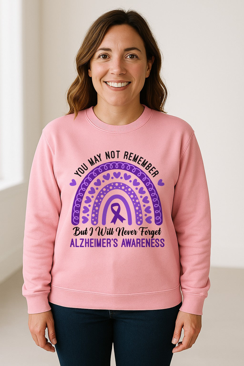 Alzheimer's Awareness Sweatshirt, Rainbow Heart and Purple Ribbon Dementia Support Crewneck