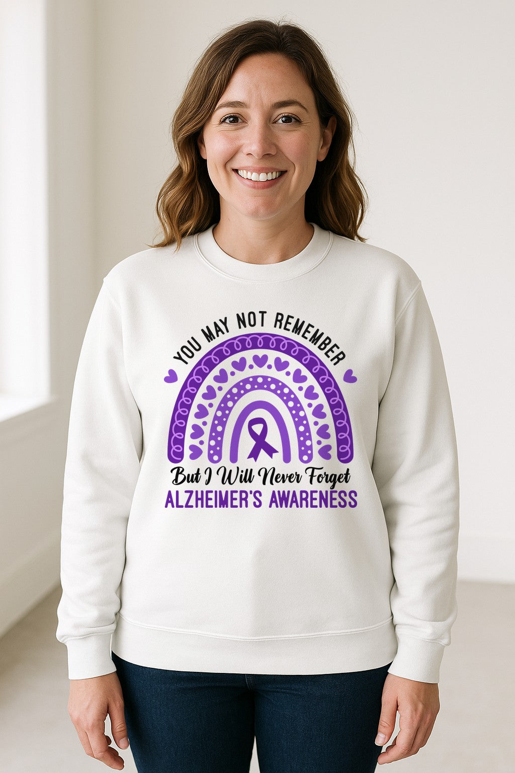Alzheimer's Awareness Sweatshirt, Rainbow Heart and Purple Ribbon Dementia Support Crewneck