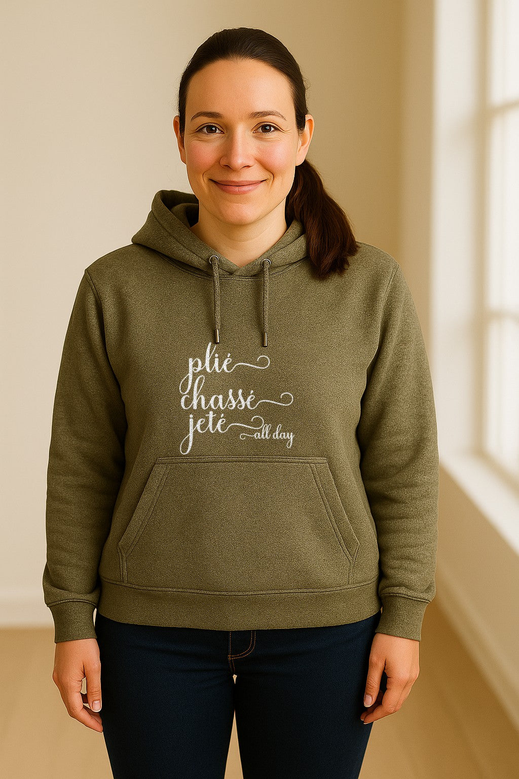 Ballet Dance Hoodie, Plie Chasse Jete All Day Script Pullover for Dancers and Teachers